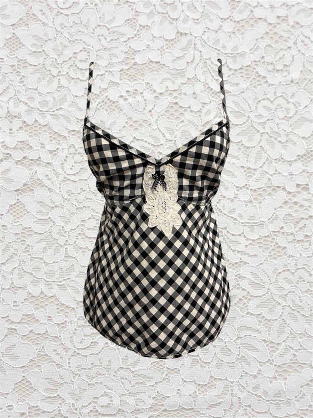 vintage black & white gingham babydoll tank top with lace and bow